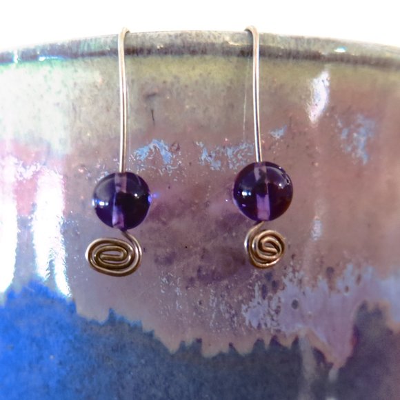 Vintage Silver Open Hook Earrings with Purple Bead - Picture 9 of 10